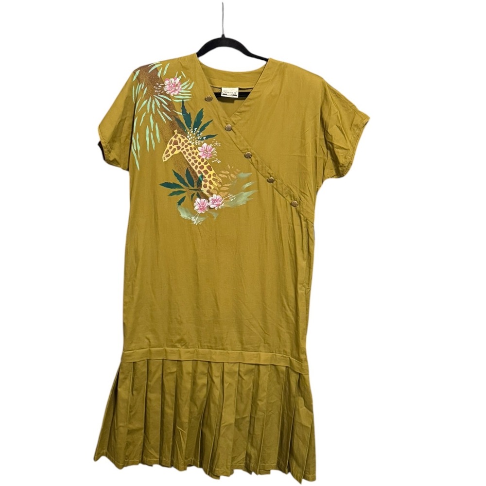 VTG Gabrielle Club Made Italy Giraffe Print Pleated Drop Waist Dress 44 (8 US)